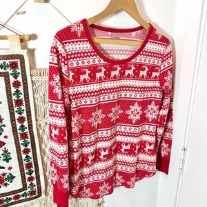 Old Navy Red White Reindeer Fair Isle Snow Pajama PJ Thermal Top Large L